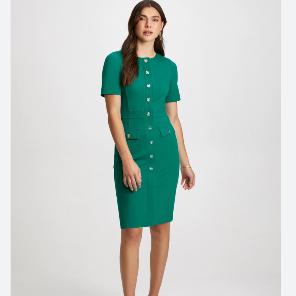 Laura Button Down Short Sleeve Sheath Dress Green